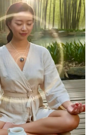 Woman in a white robe sitting outdoors with bamboo and water in the background