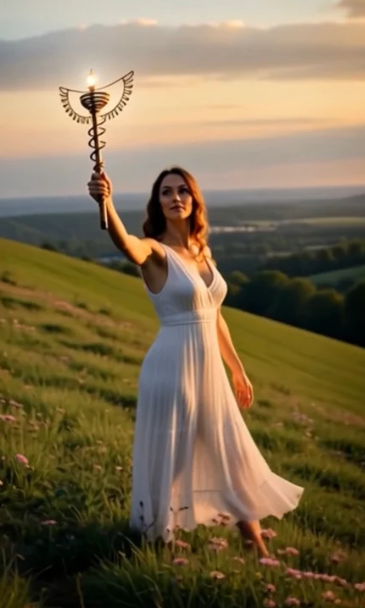 Woman in a white dress holding a copper Caduceus Bio-field Antenna on a grassy hill at sunset.