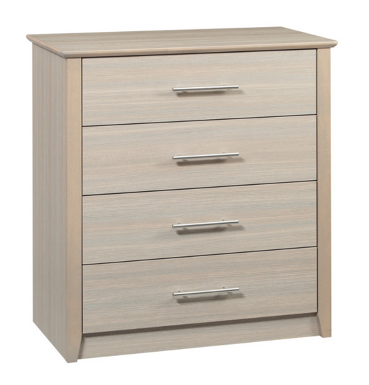 Beige dresser with three drawers and metal handles on a white background