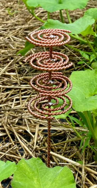 Metallic spiral object on a natural background with green leaves