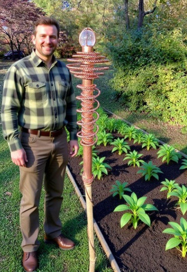 guy standing next to raised electroculture garden antenna 