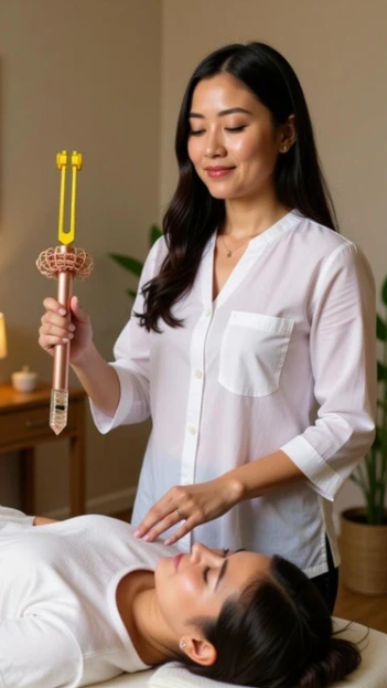 Woman performing a acupuncture treatment on another woman in a clinical setting.