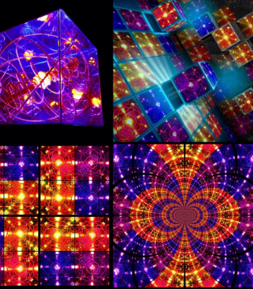 Collage of colorful geometric patterns with a central spiral design.